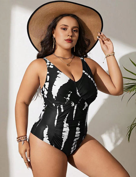Women Plus Size Black and White Twist Front One Piece Swimsuit - PRUSES