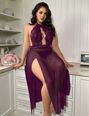 Women Plus Size Black Contrast Lace Mesh Halter Chemise - PRUSES