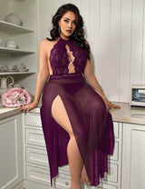 Women Plus Size Black Contrast Lace Mesh Halter Chemise - PRUSES