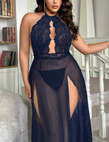 Women Plus Size Black Contrast Lace Mesh Halter Chemise - PRUSES
