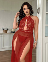 Women Plus Size Black Contrast Lace Mesh Halter Chemise - PRUSES