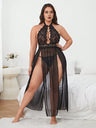 Women Plus Size Black Contrast Lace Mesh Halter Chemise - PRUSES