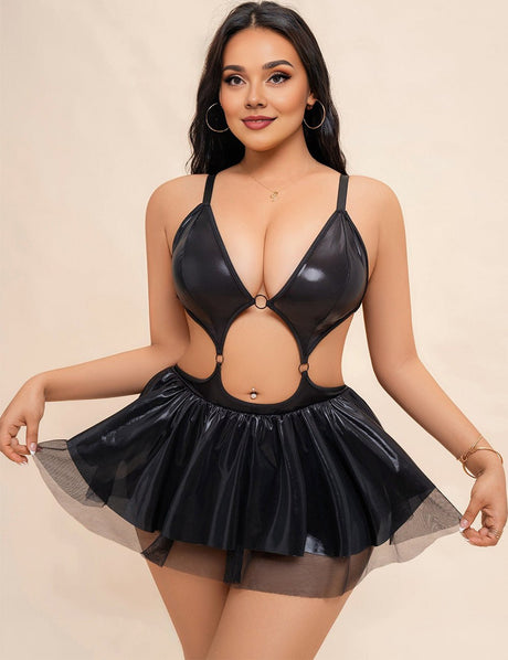 Women Plus Size Black Cut - Out Faux Leather Babydoll - PRUSES