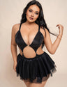 Women Plus Size Black Cut - Out Faux Leather Babydoll - PRUSES
