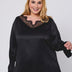 Women Plus Size Black Elegant Satin Lace V - Neck Blouse - PRUSES
