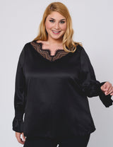 Women Plus Size Black Elegant Satin Lace V - Neck Blouse - PRUSES