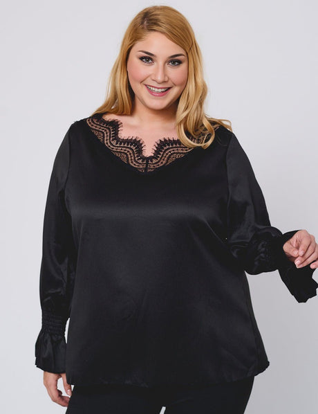 Women Plus Size Black Elegant Satin Lace V - Neck Blouse - PRUSES