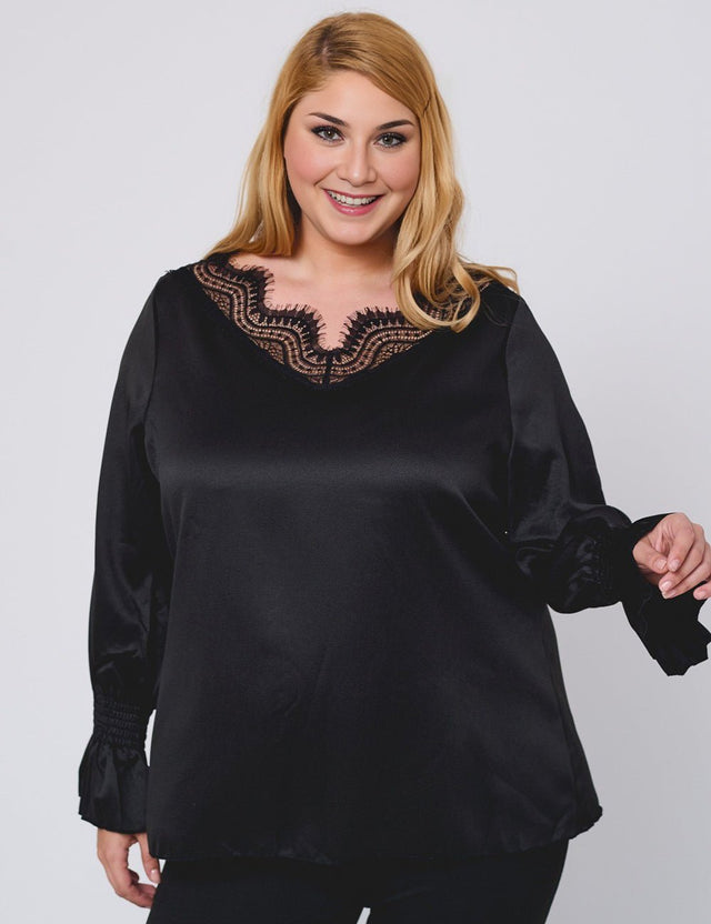 Women Plus Size Black Elegant Satin Lace V - Neck Blouse - PRUSES