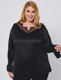 Women Plus Size Black Elegant Satin Lace V - Neck Blouse - PRUSES