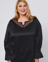 Women Plus Size Black Elegant Satin Lace V - Neck Blouse - PRUSES