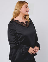 Women Plus Size Black Elegant Satin Lace V - Neck Blouse - PRUSES