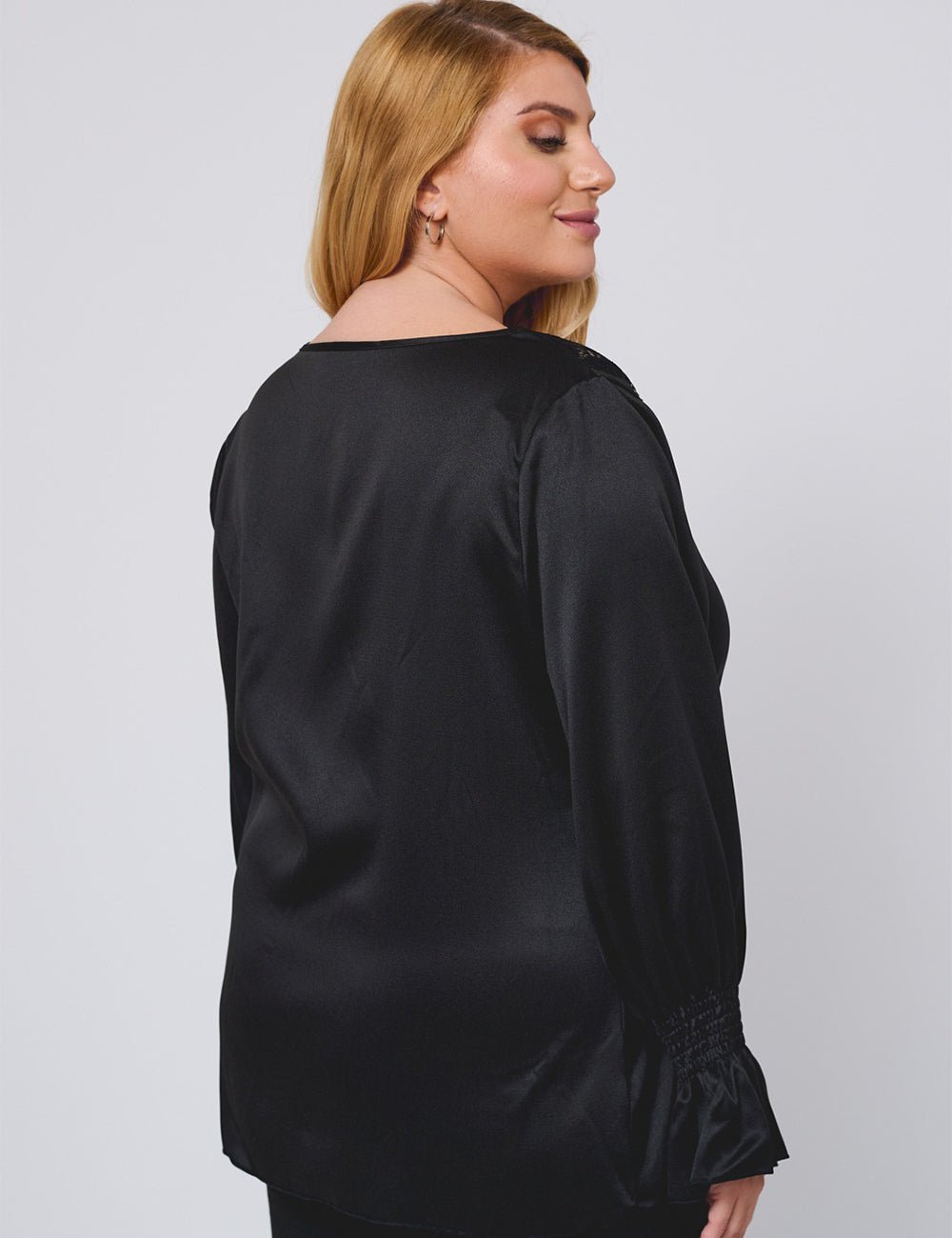 Women Plus Size Black Elegant Satin Lace V - Neck Blouse - PRUSES