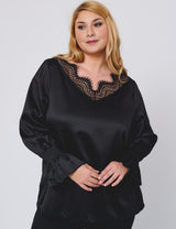 Women Plus Size Black Elegant Satin Lace V - Neck Blouse - PRUSES