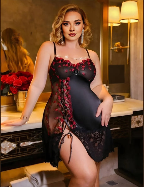 Women Plus Size Black Embroidered Sheer Chemise - PRUSES