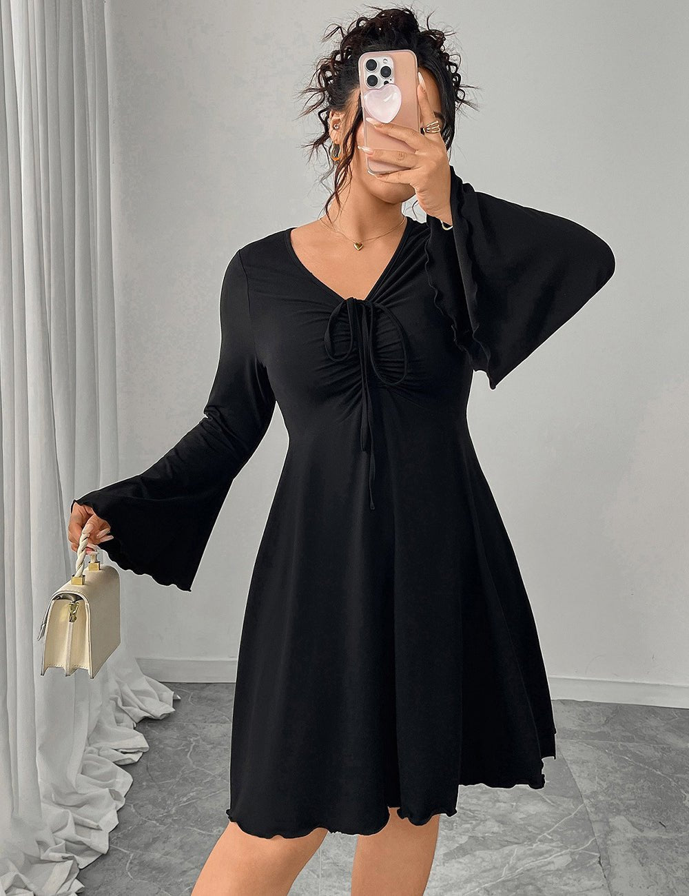 Women Plus Size Black Flare Sleeve Dress - PRUSES