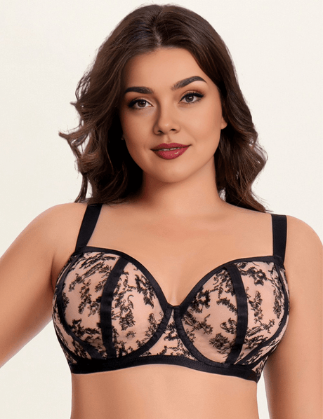 Women Plus Size Black Floral Embroidered Sheer Bra - PRUSES