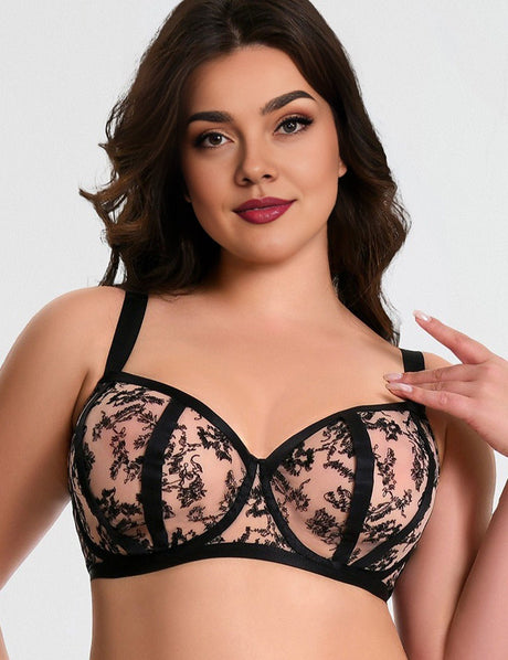 Women Plus Size Black Floral Embroidered Sheer Bra - PRUSES