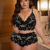 Women Plus Size Black Floral Lace Hollow Out Bra and Panty Set - PRUSES