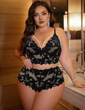 Women Plus Size Black Floral Lace Hollow Out Bra and Panty Set - PRUSES