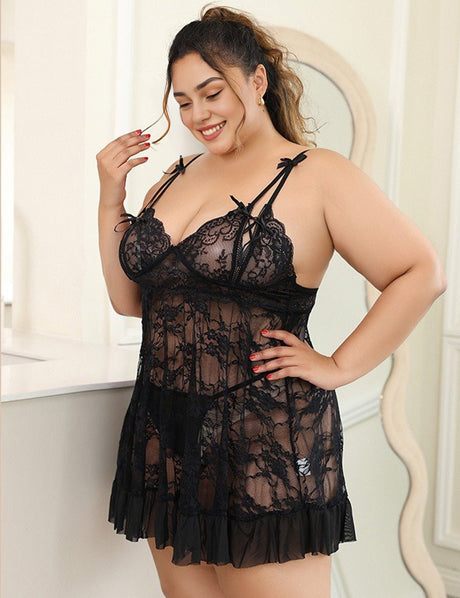 Women Plus Size Black Floral Lace Sheer Babydoll - PRUSES
