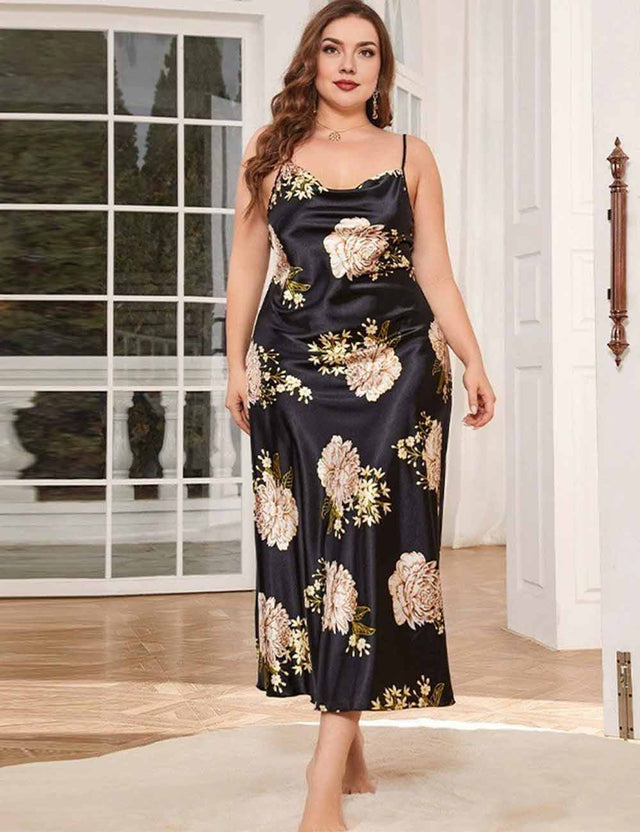 Women Plus Size Black Floral Print Satin Long Slip Nightgown