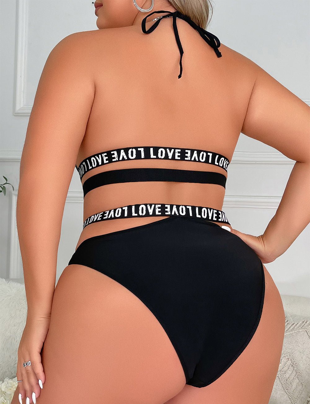 Women Plus Size Black Halter Bra Set - PRUSES