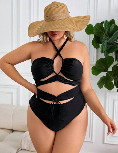 Women Plus Size Black Halter Tie One - Piece Swimsuit - PRUSES