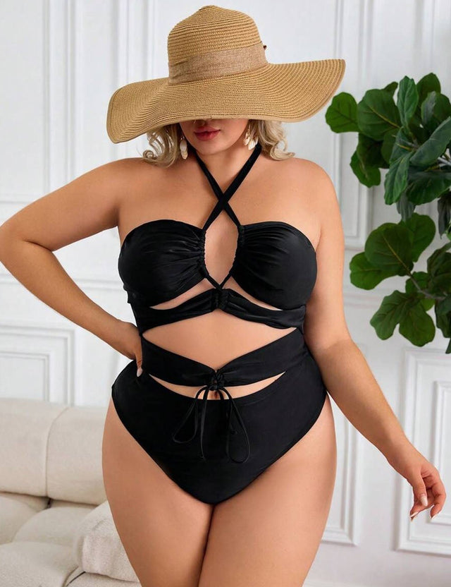 Women Plus Size Black Halter Tie One - Piece Swimsuit - PRUSES