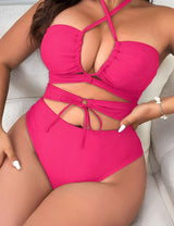 Women Plus Size Black Halter Tie One - Piece Swimsuit - PRUSES