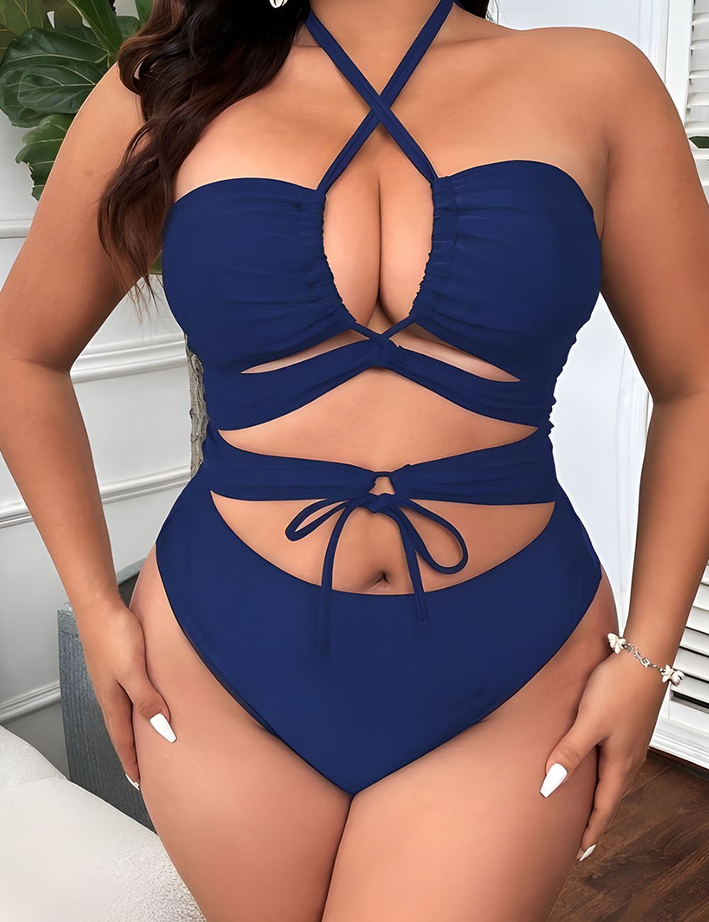 Women Plus Size Black Halter Tie One - Piece Swimsuit - PRUSES