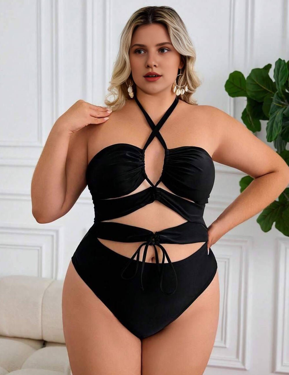 Women Plus Size Black Halter Tie One - Piece Swimsuit - PRUSES