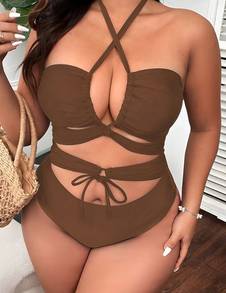 Women Plus Size Black Halter Tie One - Piece Swimsuit - PRUSES