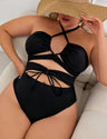 Women Plus Size Black Halter Tie One - Piece Swimsuit - PRUSES