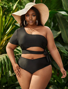 Women Plus Size Black High Waisted Tie High Cut One Shoulder Swimsuit - PRUSES