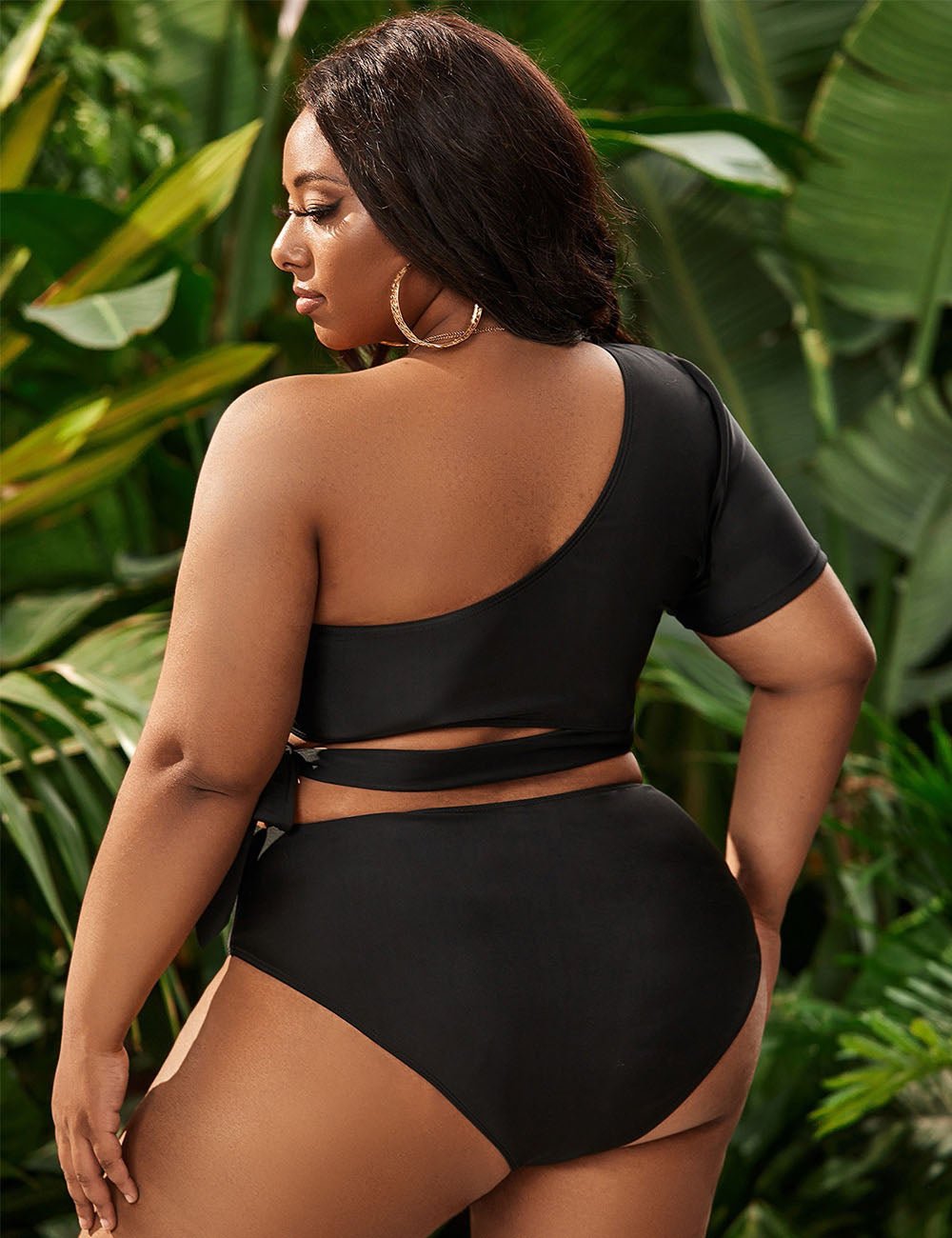 Women Plus Size Black High Waisted Tie High Cut One Shoulder Swimsuit - PRUSES