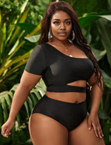 Women Plus Size Black High Waisted Tie High Cut One Shoulder Swimsuit - PRUSES