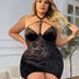 Women Plus Size Black Jacquard Halter Neck Babydoll - PRUSES