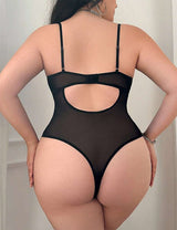 Women Plus Size Black Lace And Mesh Patchwork Bodysuit - PRUSES