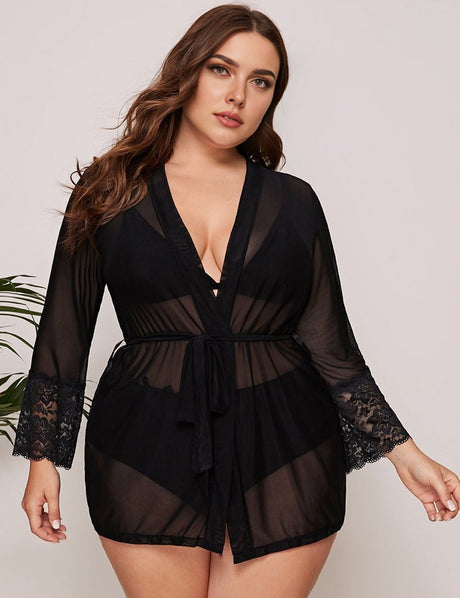 Women Plus Size Black Lace Belted Robe | PRUSES - PRUSES