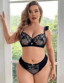 Women Plus Size Black Lace Bra Set - PRUSES