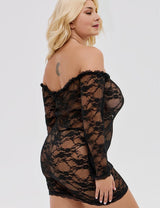 Women Plus Size Black Lace Off the Shoulder Long Sleeve Nightdress - PRUSES