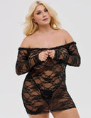 Women Plus Size Black Lace Off the Shoulder Long Sleeve Nightdress - PRUSES