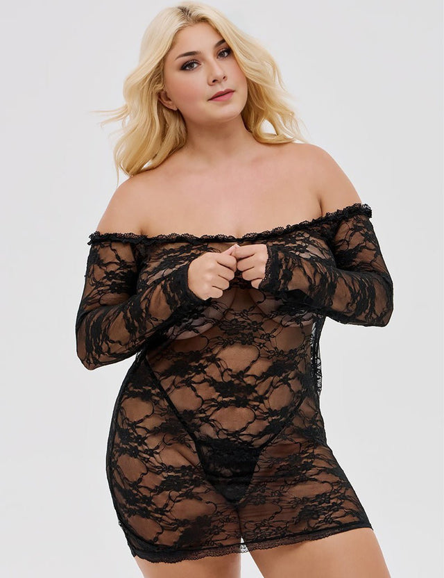 Women Plus Size Black Lace Off the Shoulder Long Sleeve Nightdress - PRUSES