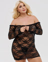 Women Plus Size Black Lace Off the Shoulder Long Sleeve Nightdress - PRUSES