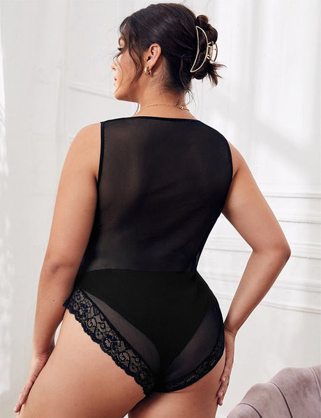 Women Plus Size Black Lace Panel Mesh Bodysuit - PRUSES