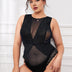 Women Plus Size Black Lace Panel Mesh Bodysuit - PRUSES