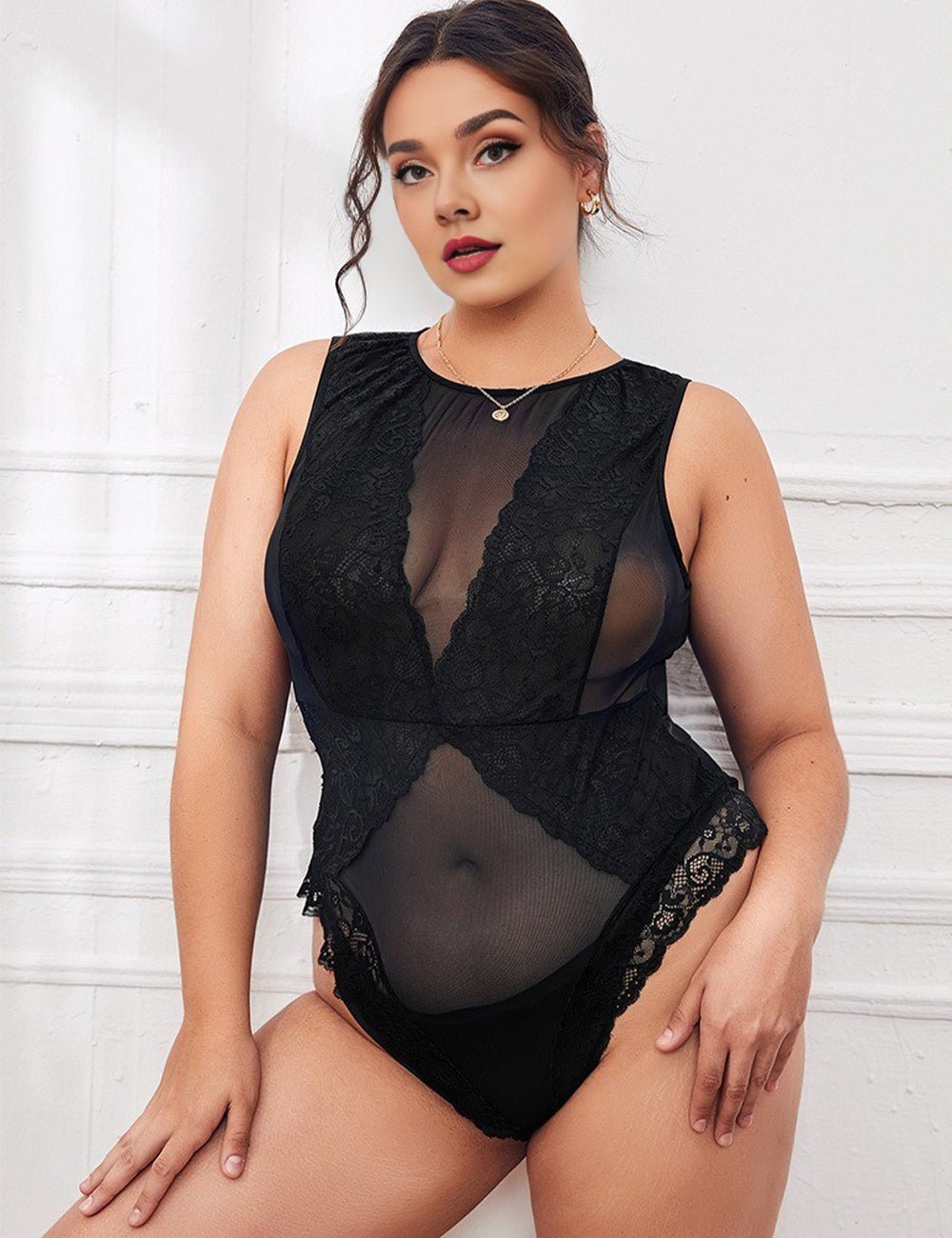 Women Plus Size Black Lace Panel Mesh Bodysuit - PRUSES