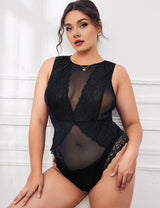 Women Plus Size Black Lace Panel Mesh Bodysuit - PRUSES
