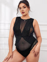 Women Plus Size Black Lace Panel Mesh Bodysuit - PRUSES