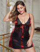 Women Plus Size Black Lace Panel Satin Babydoll - PRUSES